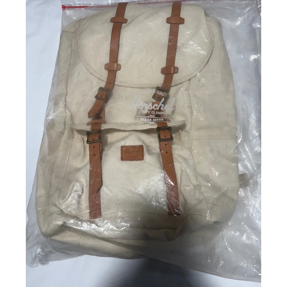 Herschel Little America Backpack Heavyweight Canvas Cream Tan Leather NWT $190